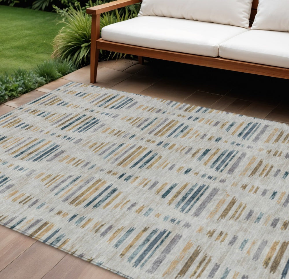 HomeRoots 10' Coastal Linen and Navy Blue Striped Area Rug - Washable, Durable, Versatile for Indoor/Outdoor Use 629562
