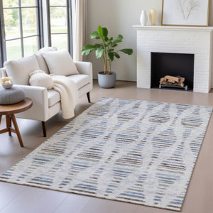 HomeRoots 5' Indoor Outdoor Beige and Denim Blue Striped Area Rug – Washable, Durable, Versatile Design for Any Space 629564