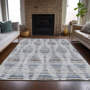 HomeRoots 5' Indoor Outdoor Beige and Denim Blue Striped Area Rug – Washable, Durable, Versatile Design for Any Space 629564