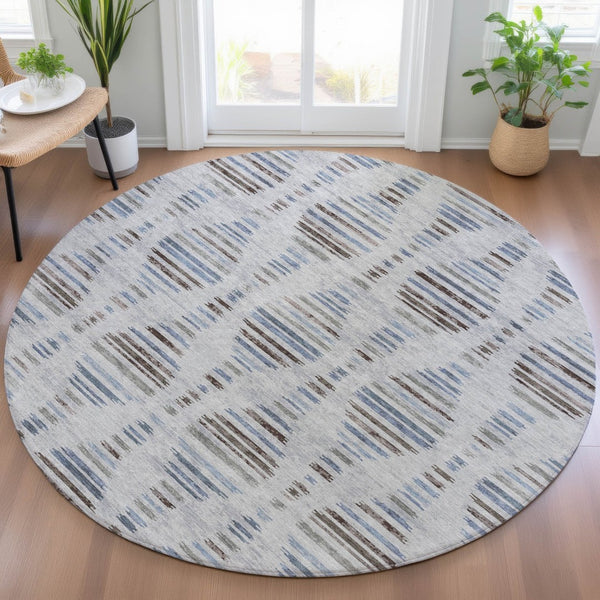 HomeRoots 8' Striped Washable Indoor Outdoor Area Rug in Beige & Denim Blue - Durable, Stylish & Versatile! 629565