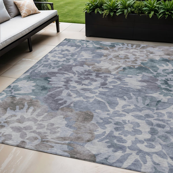 HomeRoots 5' X 8' Elegant Blue and Silver Floral Area Rug - Durable, Washable, Indoor/Outdoor Perfect for High-Traffic Areas 629570