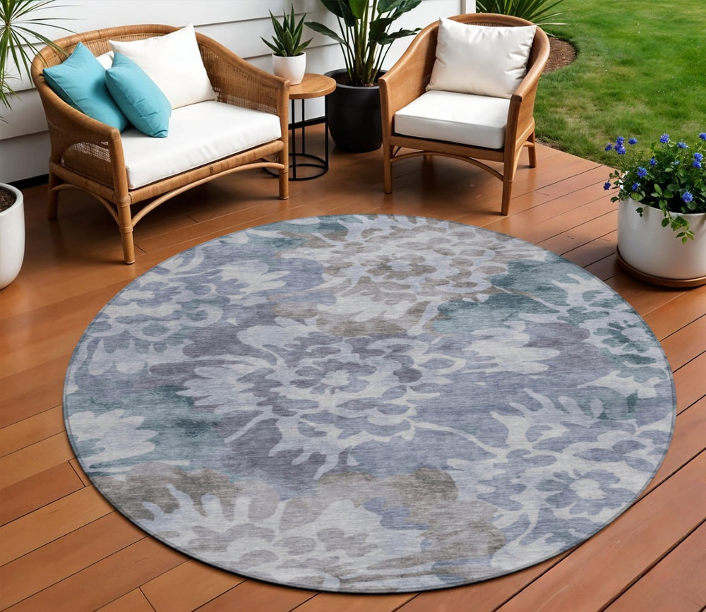 HomeRoots 8' Blue and Silver Round Floral Area Rug – Durable, Washable, Stylish Design for Indoor & Outdoor Use 629571