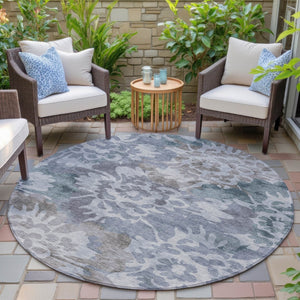 HomeRoots 8' Blue and Silver Round Floral Area Rug – Durable, Washable, Stylish Design for Indoor & Outdoor Use 629571