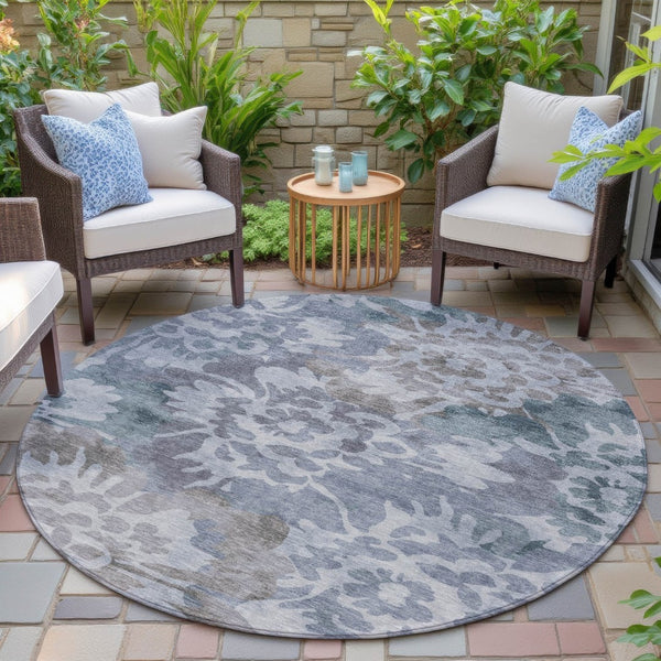 HomeRoots 8' Blue and Silver Round Floral Area Rug – Durable, Washable, Stylish Design for Indoor & Outdoor Use 629571
