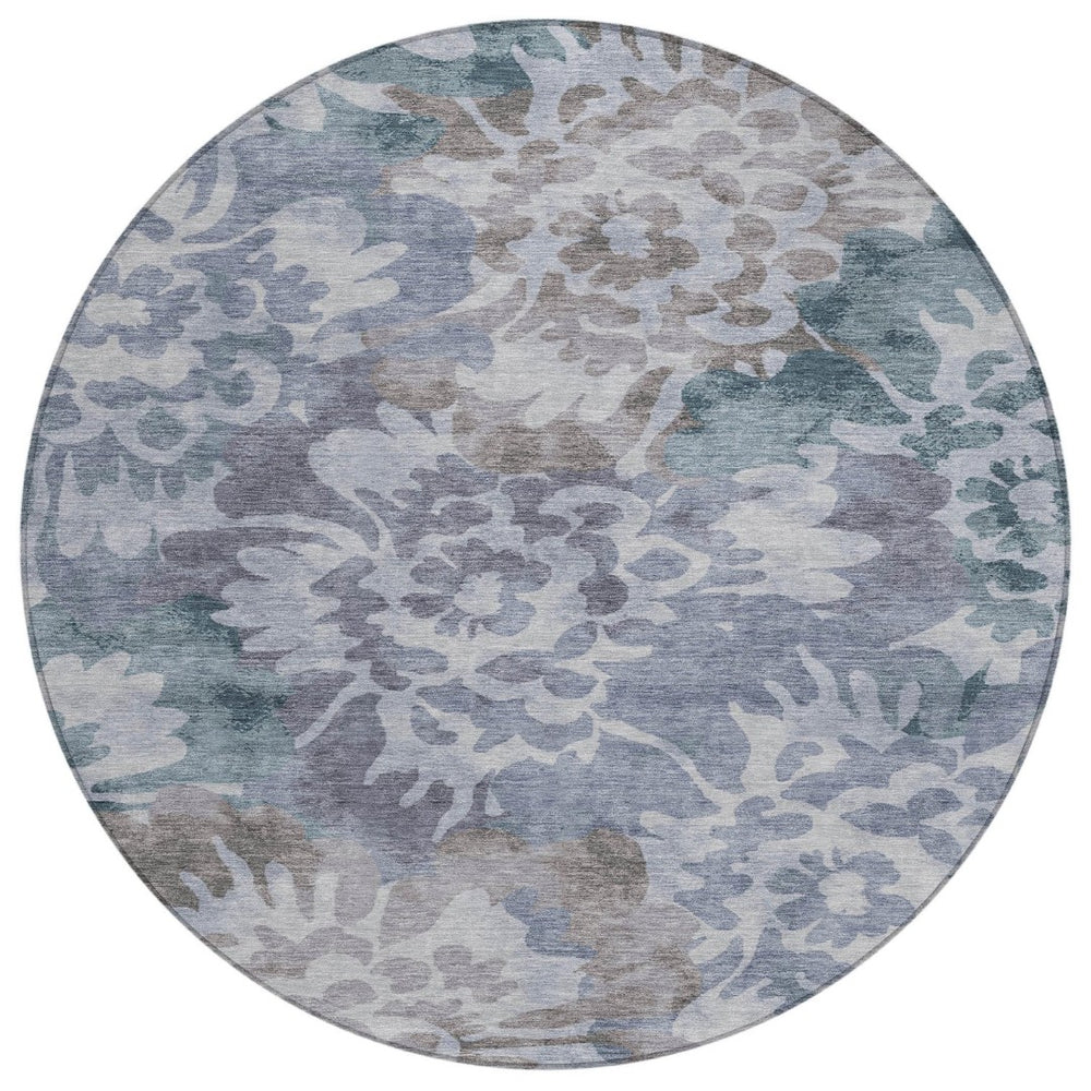 HomeRoots 8' Blue and Silver Round Floral Area Rug – Durable, Washable, Stylish Design for Indoor & Outdoor Use 629571