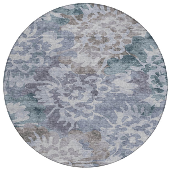 HomeRoots 8' Blue and Silver Round Floral Area Rug – Durable, Washable, Stylish Design for Indoor & Outdoor Use 629571