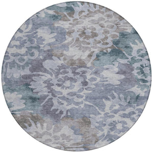 HomeRoots 8' Blue and Silver Round Floral Area Rug – Durable, Washable, Stylish Design for Indoor & Outdoor Use 629571