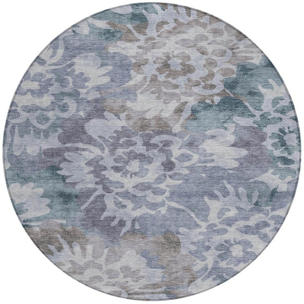 HomeRoots 8' Blue and Silver Round Floral Area Rug – Durable, Washable, Stylish Design for Indoor & Outdoor Use 629571