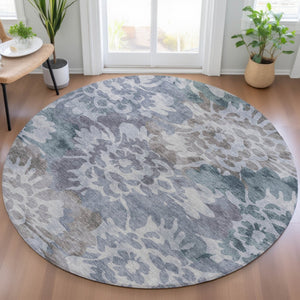 HomeRoots 8' Blue and Silver Round Floral Area Rug – Durable, Washable, Stylish Design for Indoor & Outdoor Use 629571