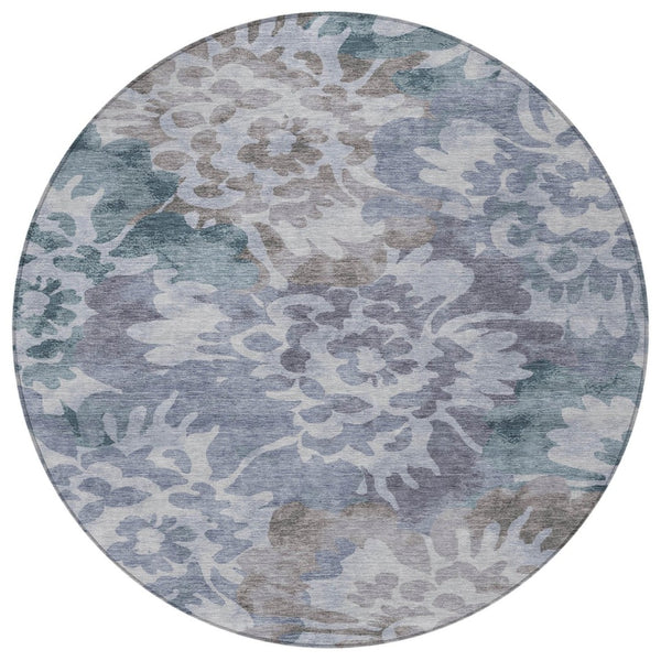 HomeRoots 8' Blue and Silver Round Floral Area Rug – Durable, Washable, Stylish Design for Indoor & Outdoor Use 629571