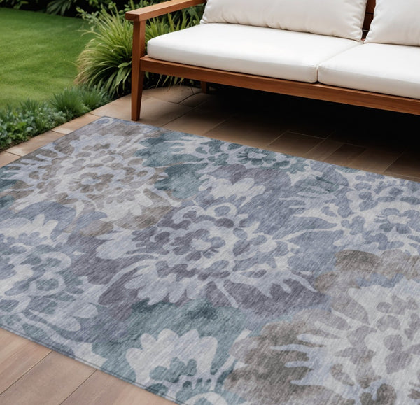 HomeRoots 8' X 10' Blue and Silver Floral Area Rug - Durable, Machine Washable, Perfect for Indoor & Outdoor Use! 629572