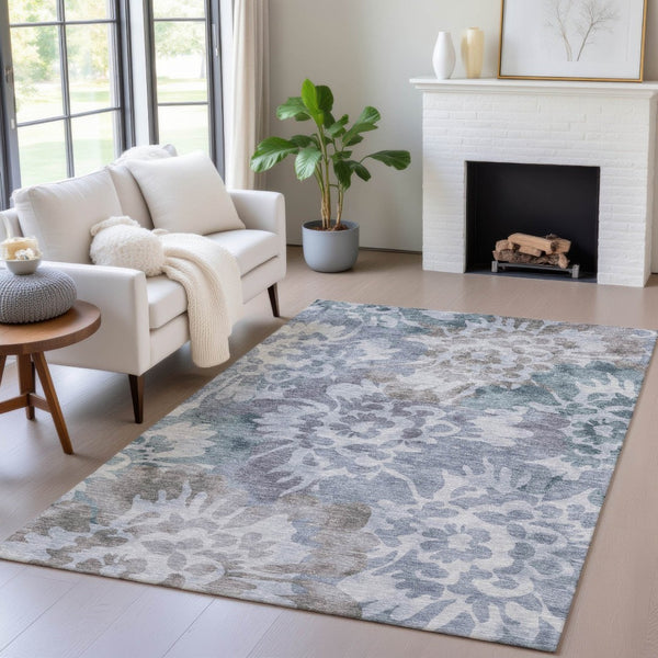 HomeRoots 8' X 10' Blue and Silver Floral Area Rug - Durable, Machine Washable, Perfect for Indoor & Outdoor Use! 629572