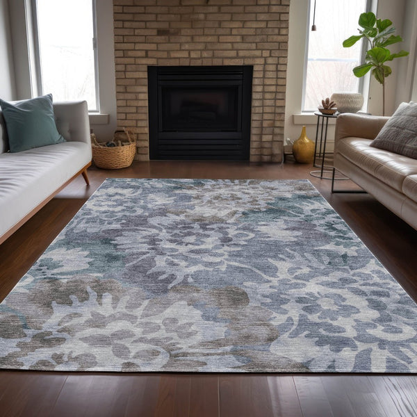 HomeRoots 10' Blue & Silver Floral Washable Area Rug - Stylish Indoor/Outdoor Design, Durable, Easy Care 629574