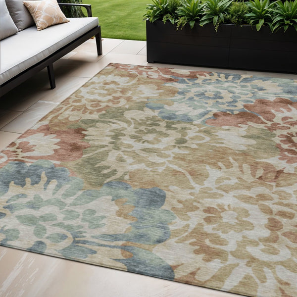 HomeRoots 5' X 8' Washable Rust and Beige Floral Area Rug - Versatile Indoor/Outdoor Decor for Any Space 629576