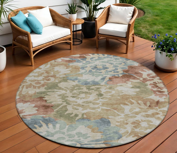 HomeRoots 8' Washable Round Area Rug in Rust and Beige - Classic Floral Design for Indoor & Outdoor Spaces 629577
