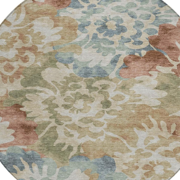 HomeRoots 8' Washable Round Area Rug in Rust and Beige - Classic Floral Design for Indoor & Outdoor Spaces 629577