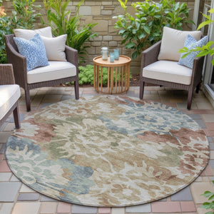HomeRoots 8' Washable Round Area Rug in Rust and Beige - Classic Floral Design for Indoor & Outdoor Spaces 629577