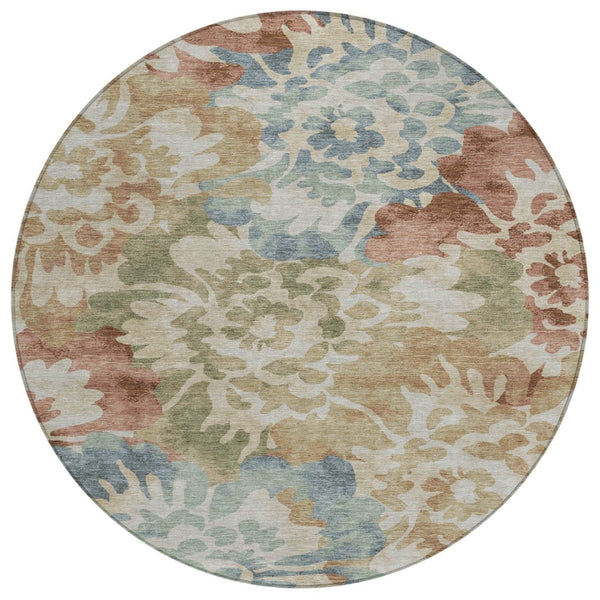 HomeRoots 8' Washable Round Area Rug in Rust and Beige - Classic Floral Design for Indoor & Outdoor Spaces 629577
