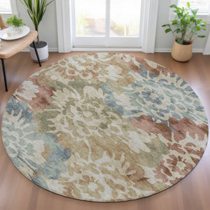 HomeRoots 8' Washable Round Area Rug in Rust and Beige - Classic Floral Design for Indoor & Outdoor Spaces 629577