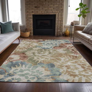 HomeRoots 8' X 10' Durable Rust and Beige Floral Area Rug - Washable, Stain-Resistant for Indoor & Outdoor Use 629578