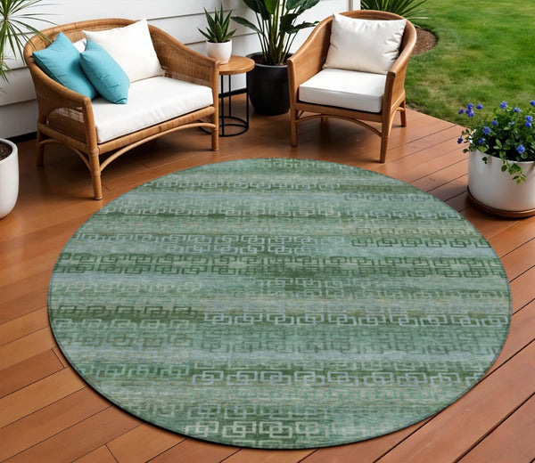 HomeRoots 8' Artichoke Green & Sage Round Striped Indoor/Outdoor Rug - Durable, Washable, Pet-Friendly Design 629583