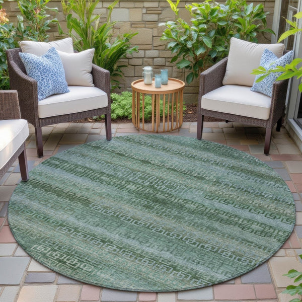 HomeRoots 8' Artichoke Green & Sage Round Striped Indoor/Outdoor Rug - Durable, Washable, Pet-Friendly Design 629583