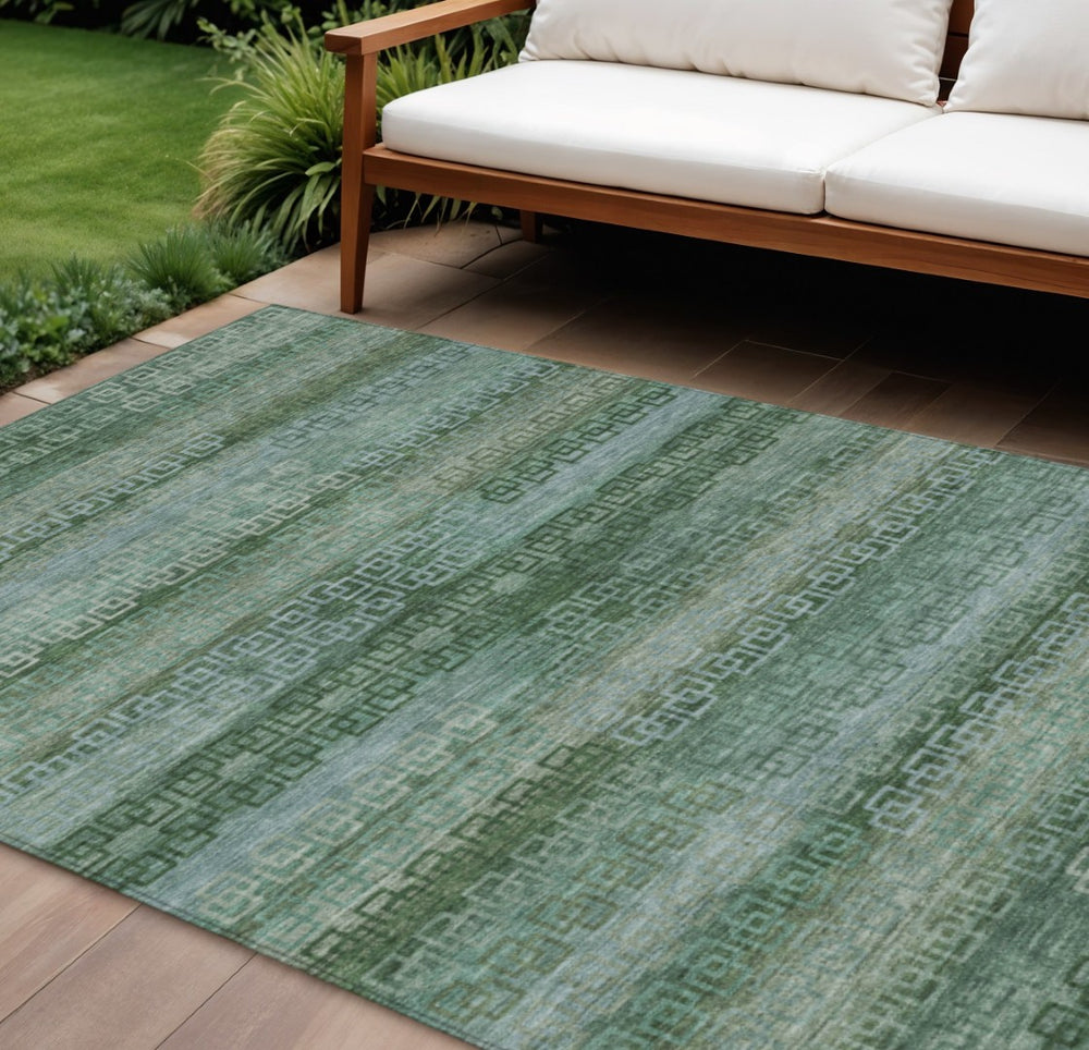 HomeRoots 9' X 12' Artichoke Green & Sage Striped Washable Area Rug - Durable, Versatile for Indoor & Outdoor Use! 629585