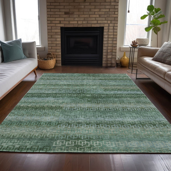 HomeRoots 9' X 12' Artichoke Green & Sage Striped Washable Area Rug - Durable, Versatile for Indoor & Outdoor Use! 629585