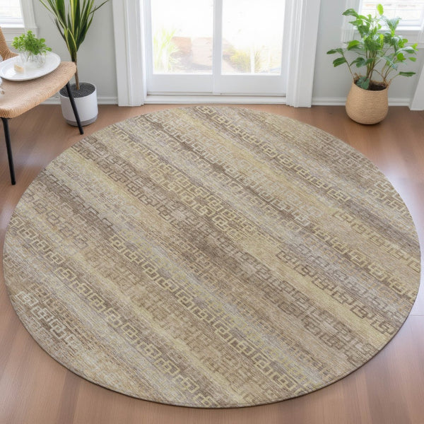HomeRoots 8' Round Striped Washable Indoor Outdoor Area Rug in Beige and Wheat – Versatile, Durable, Easy Care! 629589