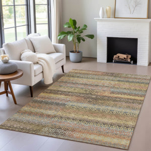 HomeRoots 5' Stylish Brown and Gold Striped Washable Area Rug – Durable, Indoor/Outdoor, Stain-Resistant Design! 629594