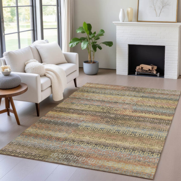 HomeRoots 5' Stylish Brown and Gold Striped Washable Area Rug – Durable, Indoor/Outdoor, Stain-Resistant Design! 629594