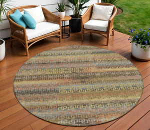 HomeRoots 8' Brown and Gold Round Striped Rug - Stylish, Washable, Durable for Indoor/Outdoor Spaces! 629595