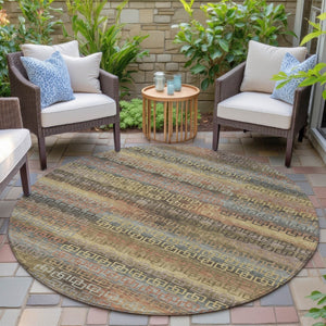 HomeRoots 8' Brown and Gold Round Striped Rug - Stylish, Washable, Durable for Indoor/Outdoor Spaces! 629595