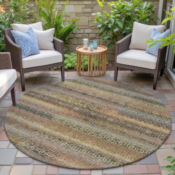 HomeRoots 8' Brown and Gold Round Striped Rug - Stylish, Washable, Durable for Indoor/Outdoor Spaces! 629595