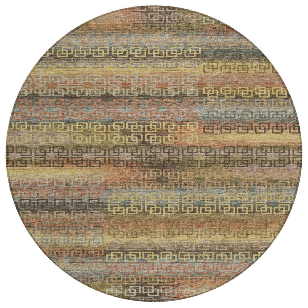 HomeRoots 8' Brown and Gold Round Striped Rug - Stylish, Washable, Durable for Indoor/Outdoor Spaces! 629595