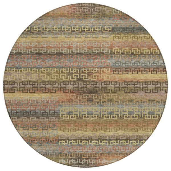 HomeRoots 8' Brown and Gold Round Striped Rug - Stylish, Washable, Durable for Indoor/Outdoor Spaces! 629595