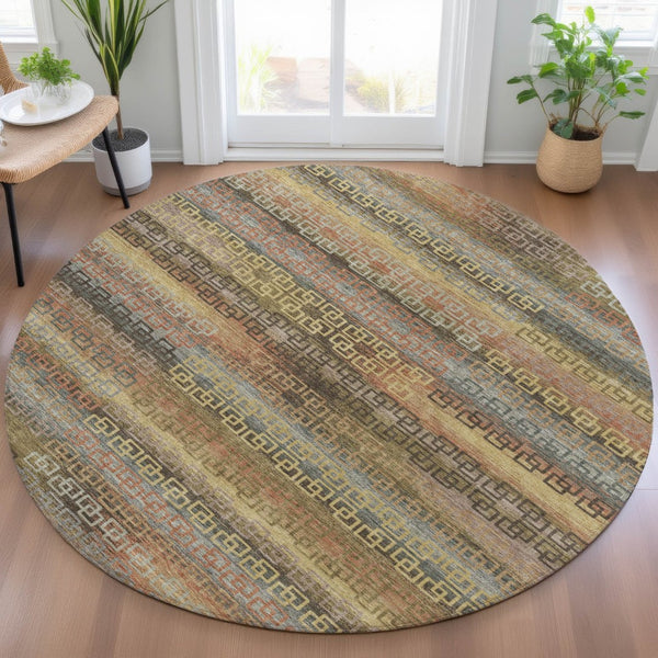 HomeRoots 8' Brown and Gold Round Striped Rug - Stylish, Washable, Durable for Indoor/Outdoor Spaces! 629595
