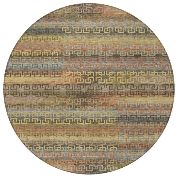 HomeRoots 8' Brown and Gold Round Striped Rug - Stylish, Washable, Durable for Indoor/Outdoor Spaces! 629595