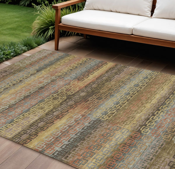 HomeRoots 10' Brown and Gold Striped Area Rug - Washable, Durable Indoor/Outdoor Design for Any Space! 629598