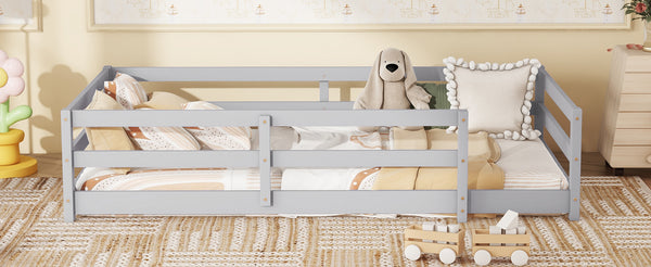 English Elm Twin Pine Montessori Floor Bed with Safety Fence — Grey Low-Profile Kids Twin Frame, 77"x38.9" Interior W1820P369890