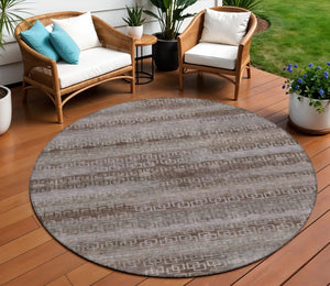 HomeRoots 8' Round Chocolate and Gray Striped Area Rug - Washable, Heavy-Duty for Indoor/Outdoor Use & Style 629601