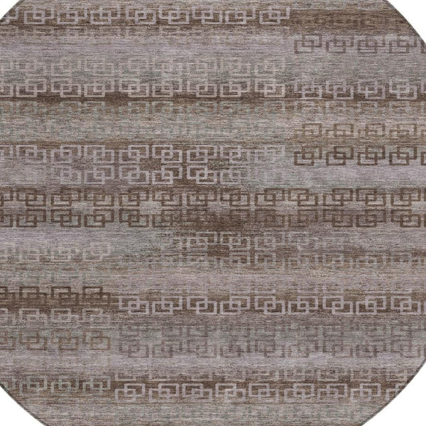 HomeRoots 8' Round Chocolate and Gray Striped Area Rug - Washable, Heavy-Duty for Indoor/Outdoor Use & Style 629601