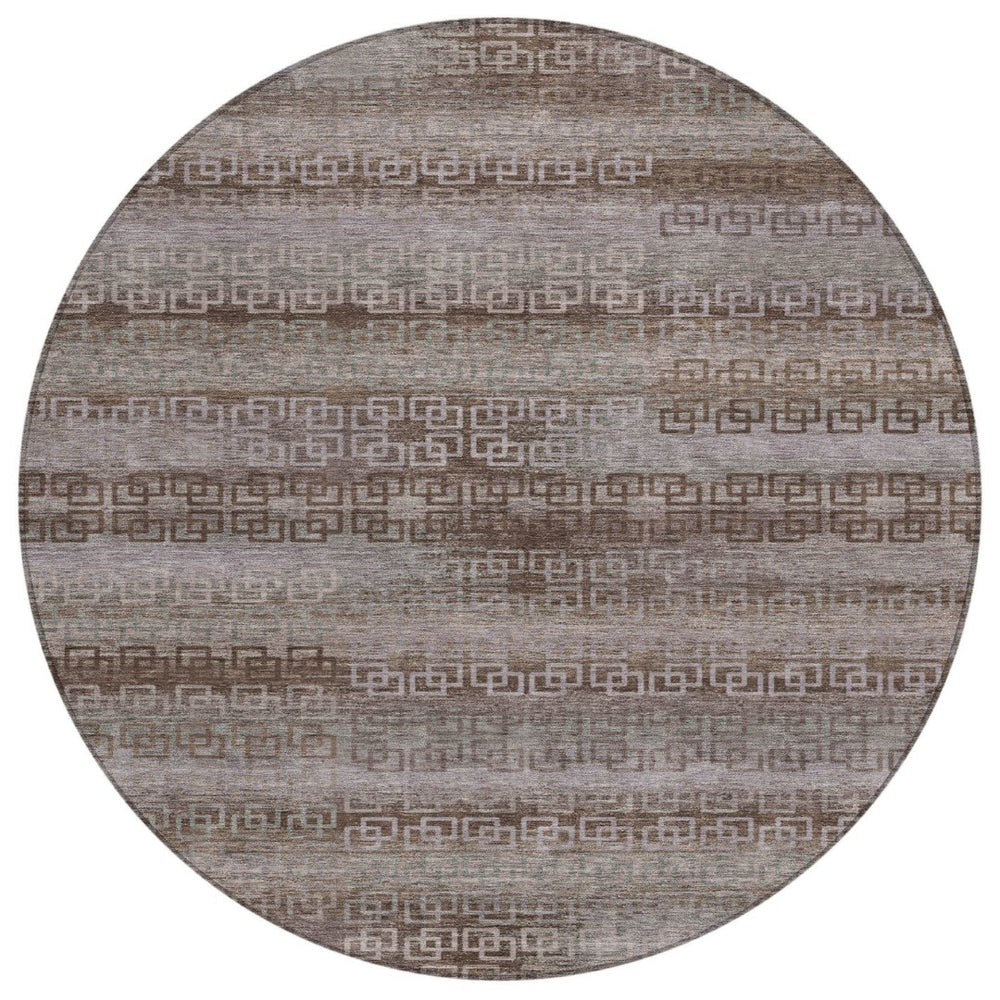 HomeRoots 8' Round Chocolate and Gray Striped Area Rug - Washable, Heavy-Duty for Indoor/Outdoor Use & Style 629601