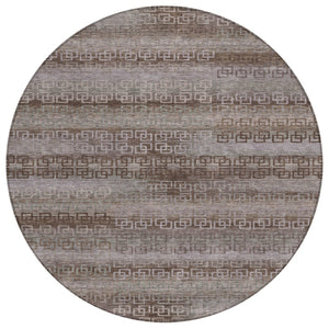 HomeRoots 8' Round Chocolate and Gray Striped Area Rug - Washable, Heavy-Duty for Indoor/Outdoor Use & Style 629601