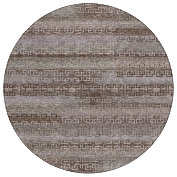 HomeRoots 8' Round Chocolate and Gray Striped Area Rug - Washable, Heavy-Duty for Indoor/Outdoor Use & Style 629601