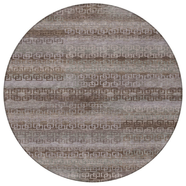 HomeRoots 8' Round Chocolate and Gray Striped Area Rug - Washable, Heavy-Duty for Indoor/Outdoor Use & Style 629601