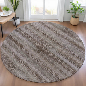HomeRoots 8' Round Chocolate and Gray Striped Area Rug - Washable, Heavy-Duty for Indoor/Outdoor Use & Style 629601