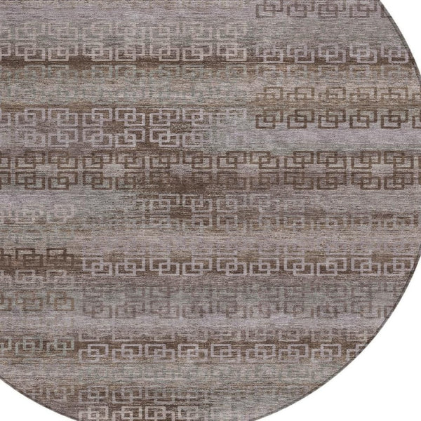 HomeRoots 8' Round Chocolate and Gray Striped Area Rug - Washable, Heavy-Duty for Indoor/Outdoor Use & Style 629601