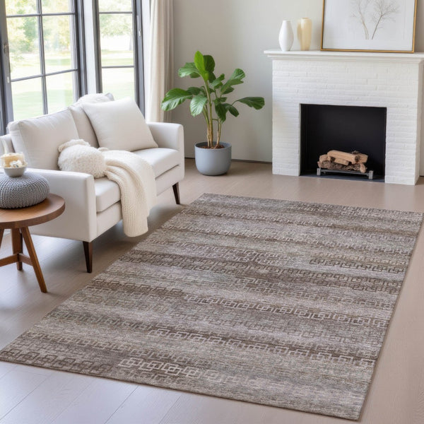 HomeRoots 8' X 10' Chocolate and Gray Striped Indoor Outdoor Area Rug – Durable, Washable, Versatile Décor Solution 629602