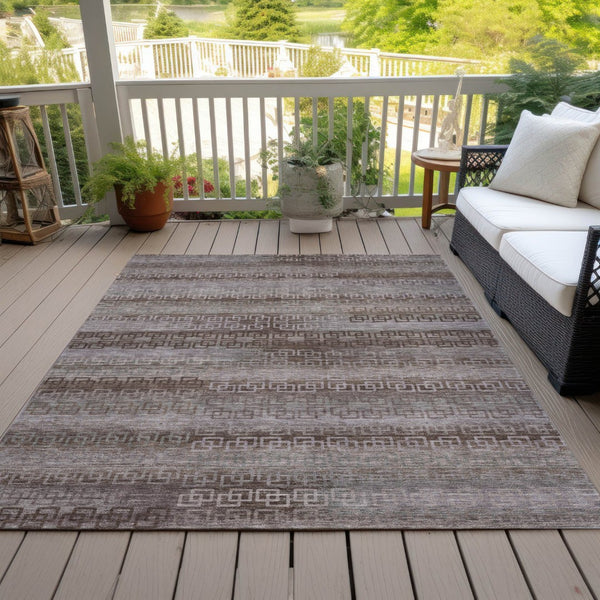 HomeRoots 8' X 10' Chocolate and Gray Striped Indoor Outdoor Area Rug – Durable, Washable, Versatile Décor Solution 629602
